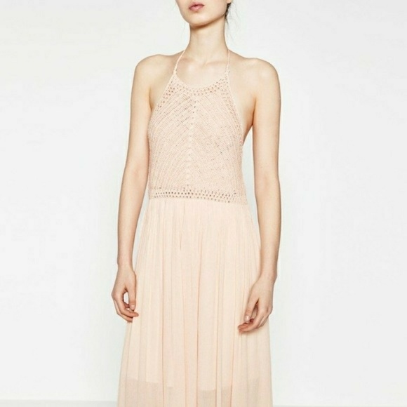 Zara Dresses & Skirts - ZARA Womens Blush Crochet Halter Maxi Dress L